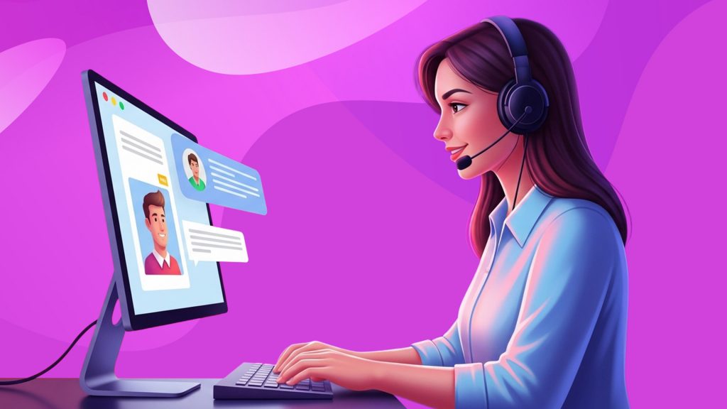 In a purple image, a woman in a light blue shirt types on a desktop computer, helping customers.