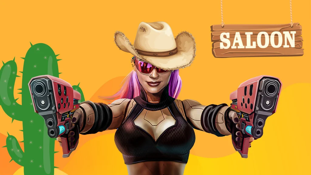 On a yellow background, a pink-haired woman in a cowboy hat holds two pistols pointing forward.