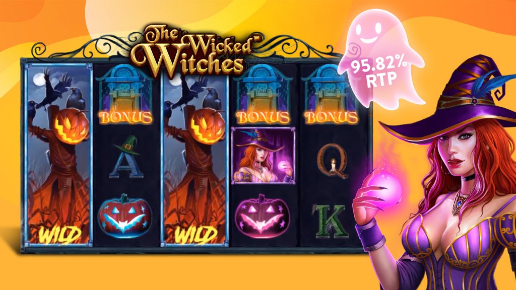 The wicked witches game grid showing halloween themed symbols and a ghost that reads 95.82% RTP.