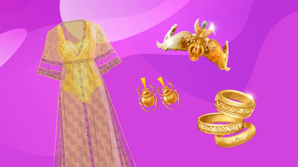 Shimmering golden clothes are laid out piece by piece in the center of a purple image.