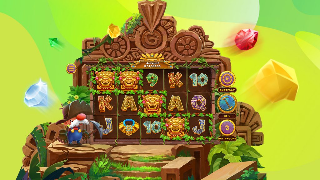 A cartoon miner with a pickaxe is standing in front of a jungle-themed slot machine with colorful reels, jackpot counter, and floating gems in the background.