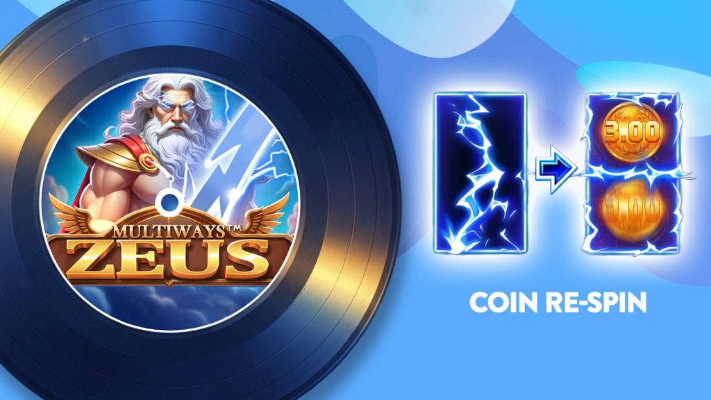 Zeus is in the center of a vinyl record that says, “Zeus Multiways.” To the right is a representation of the slot game’s Coin Respin feature. It’s all on a blue background.