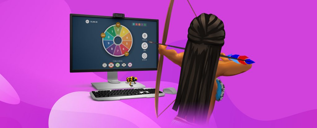 A character with long, dark hair is shown aiming a bow and arrow at a spinning prize wheel on a computer screen. The background is bright pink, and a small figurine resembling a bee is visible on the desk near the keyboard.