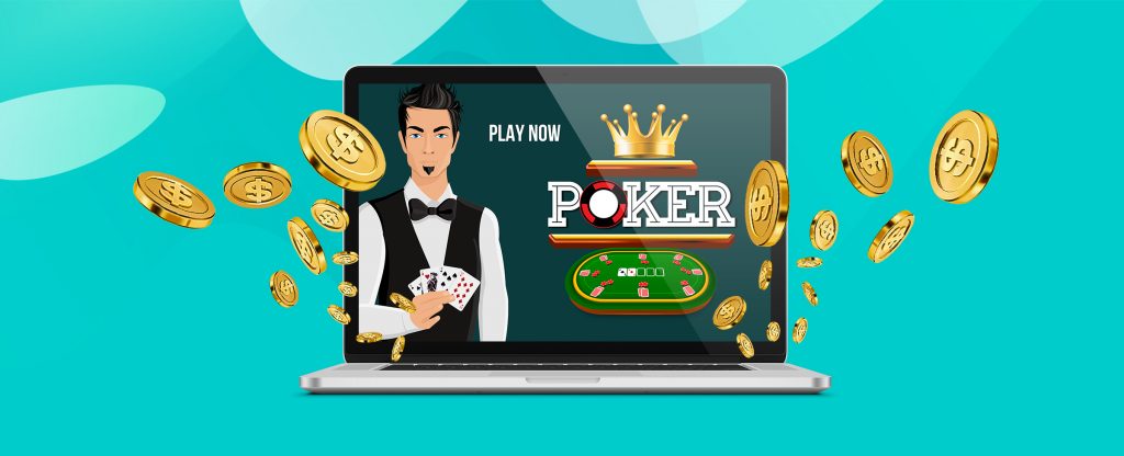 A laptop appears on the screen with the text Play Now. Next to it is a dealer holding cards, a poker table, the word Poker and a crown, as well as golden coins.