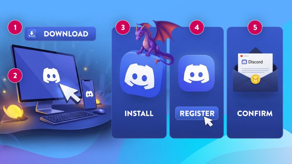 On a purple and blue background, a desktop computer shows the Discord screen with a download bar above it. To the right are three additional rectangles that say “install,” “register,” and “confirm.”