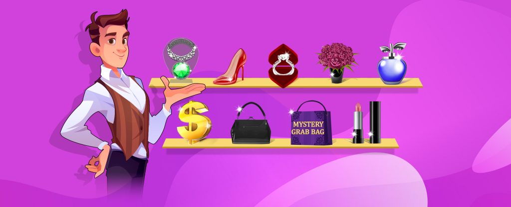 "A stylish animated character presents luxury items from the Shopping Spree slot game, including jewelry, handbags, and designer accessories, set against a vibrant purple background."