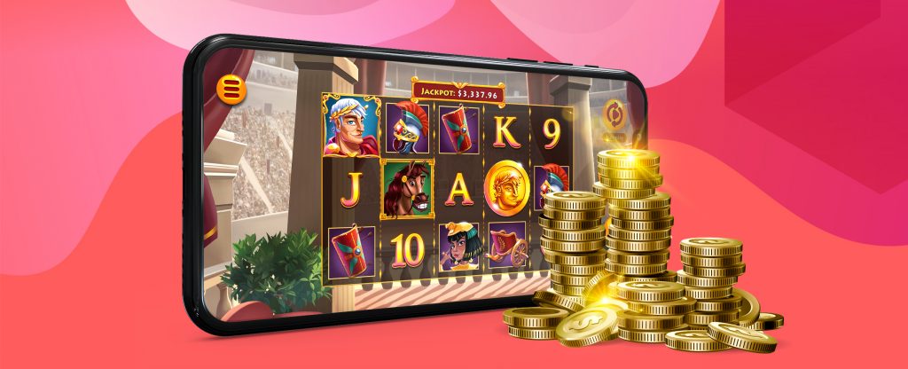 Caesar's Victory slot and its grid, symbols and potential jackpot shown in a smartphone screen