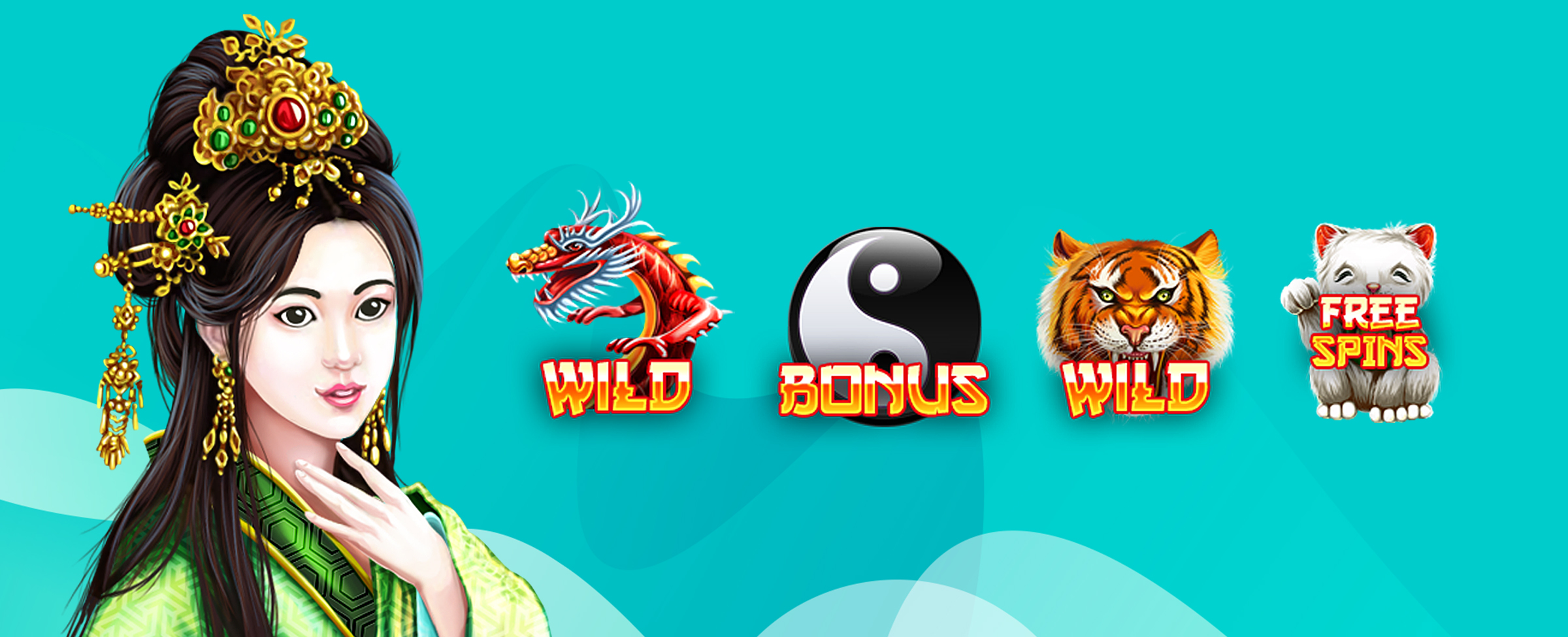 A regal empress in a green and gold headdress stands beside key slot symbols from the 8 Lucky Charms slot game, including a red dragon wild, a yin-yang bonus symbol, a tiger wild, and a lucky cat free spins icon, set against a turquoise background.