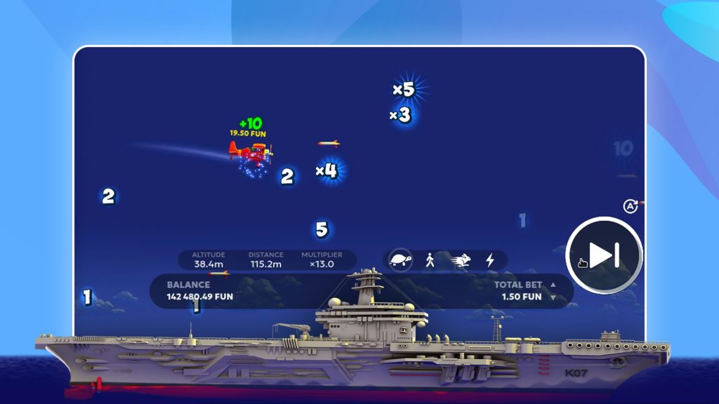 The arcade game Flight Legends is shown in action on a blue background, with a red biplane flying through multipliers and a carrier underneath it on the sea.