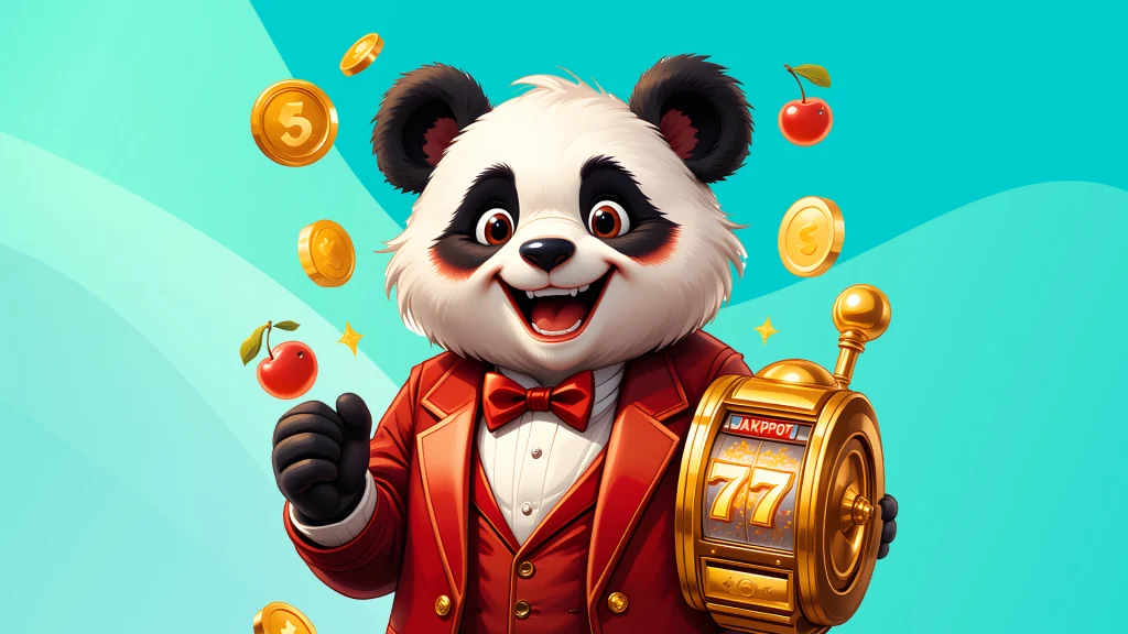 Gold coins foat around a panda wearing a red suit and holding an old-school slot machine displaying “77.” It’s all shown on a light blue background.