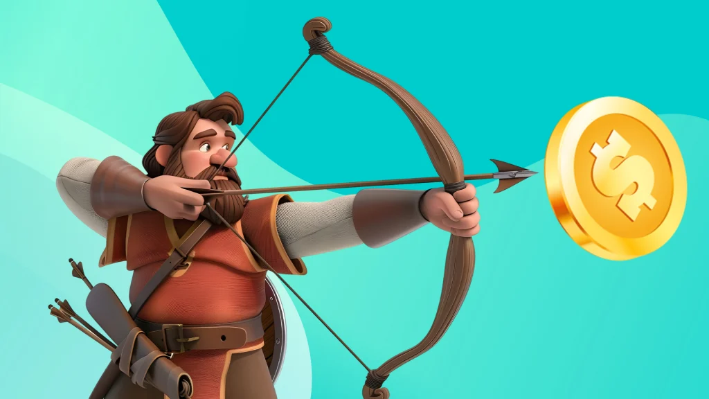 There’s a hunter on a light blue background pointing a bow and arrow at a gold coin to the right, all.