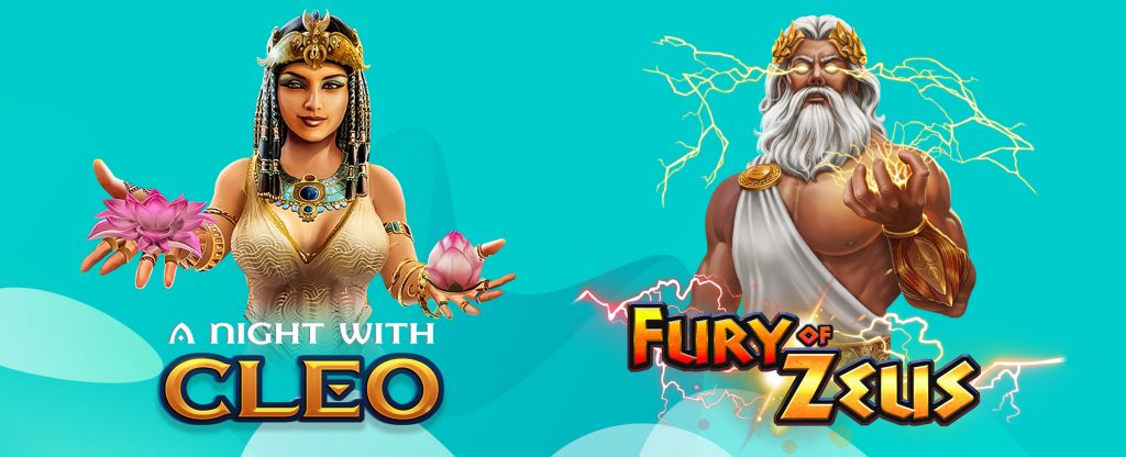 A Night With Cleo and Fury of Zeus symbols displayed over a blue background.