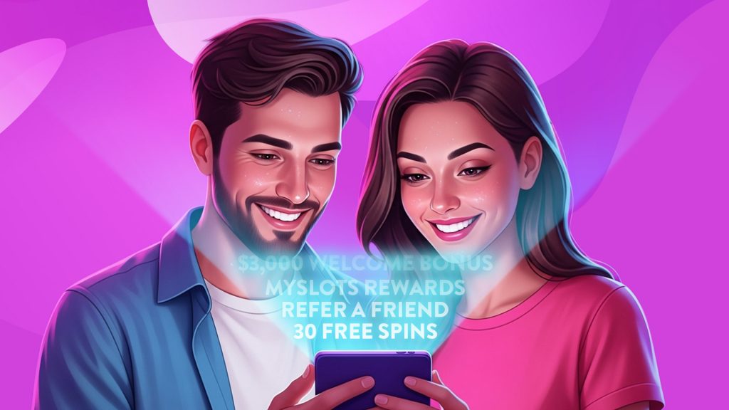 A couple looks at illuminated casino bonus offers on their tablet on a light purple background.