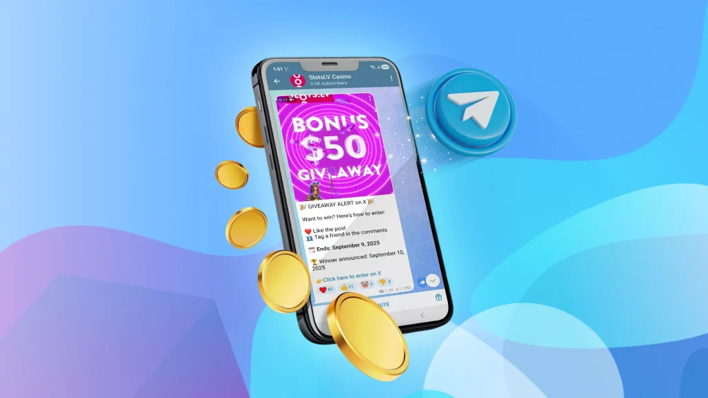 SlotsLV Telegram giveaway promotion showing smartphone screen with $50 bonus giveaway details and gold coins.