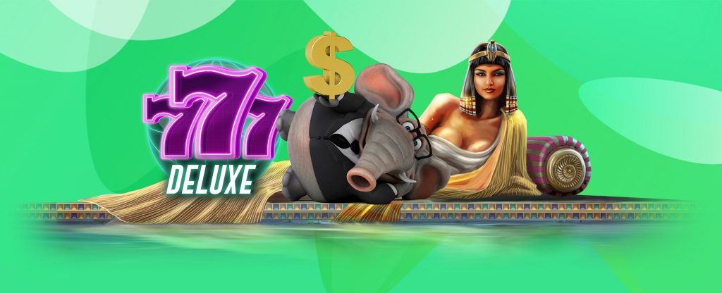 A cartoon elephant in sunglasses lounges next to Cleopatra on a golden couch, with the '777 Deluxe' slot logo in neon purple and a floating gold dollar sign, against a green casino-themed background.