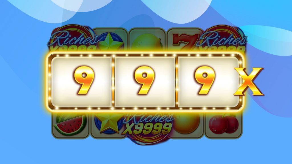 hree gold 9s are aligned on one slot payline bordered with glowing gold lights on a light blue background.